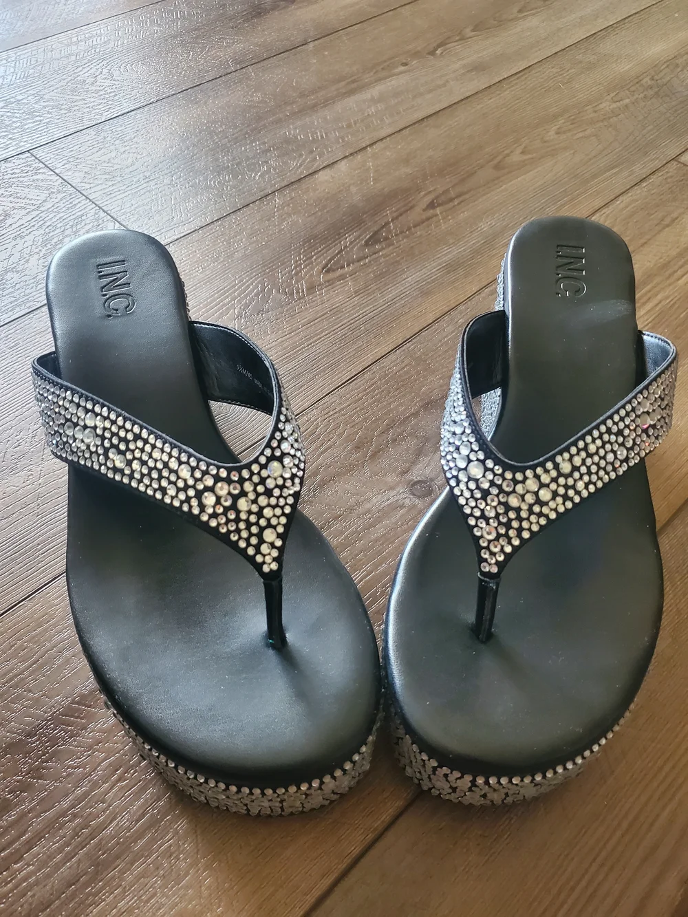 INC International Concepts Black Platform Flip Flops with Silver Rhinestones - Picture 2 of 7